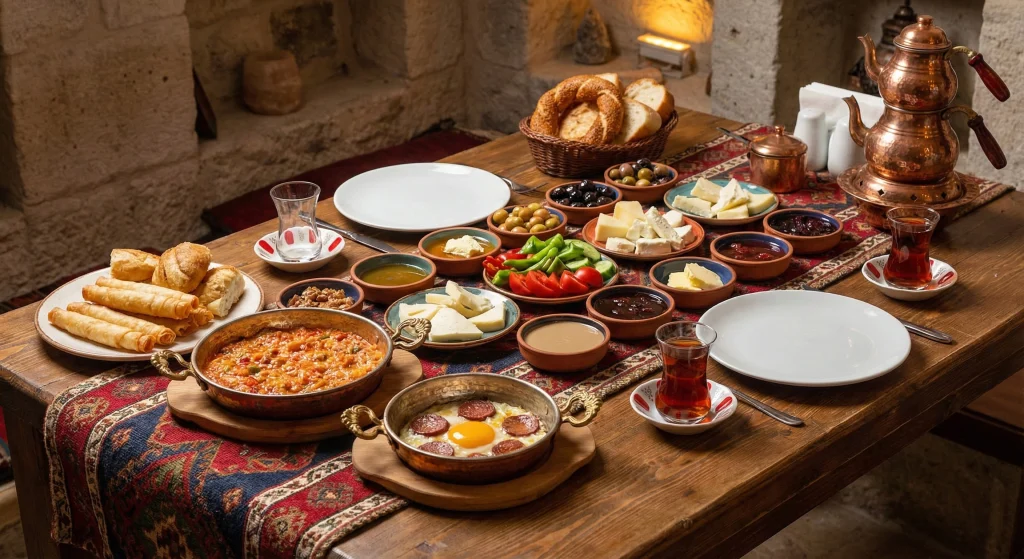 Kırmızı pötikare masa örtüsü üzerinde Edirne köy kahvaltısı sunumu; sahanda menemen, çıtır sigara böreği, yeşil zeytin ve ince belli bardakta çay.