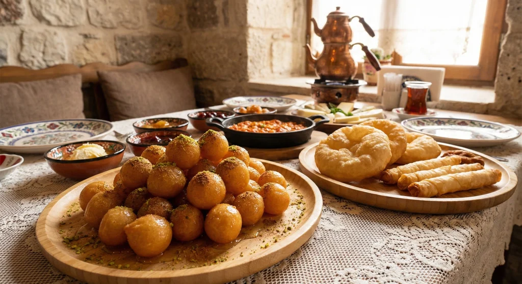 Hafta sonu kahvaltı keyfi için bakır sahanda sucuklu yumurta, kızarmış ekmekler, bal kaymak ve zengin kahvaltılık çeşitleriyle dolu sofra.