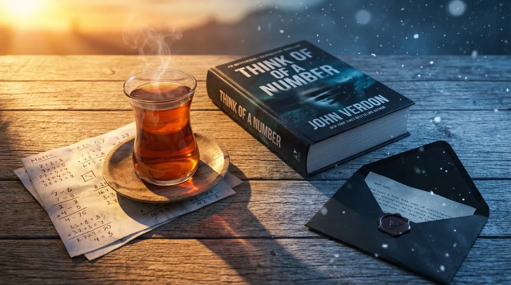 Bir yanda sıcak Türk çayı ve matematik işlemleri, diğer yanda John Verdon'ın Aklından Bir Sayı Tut kitabı ve gizemli mektup ile aydınlık-karanlık kontrastı.