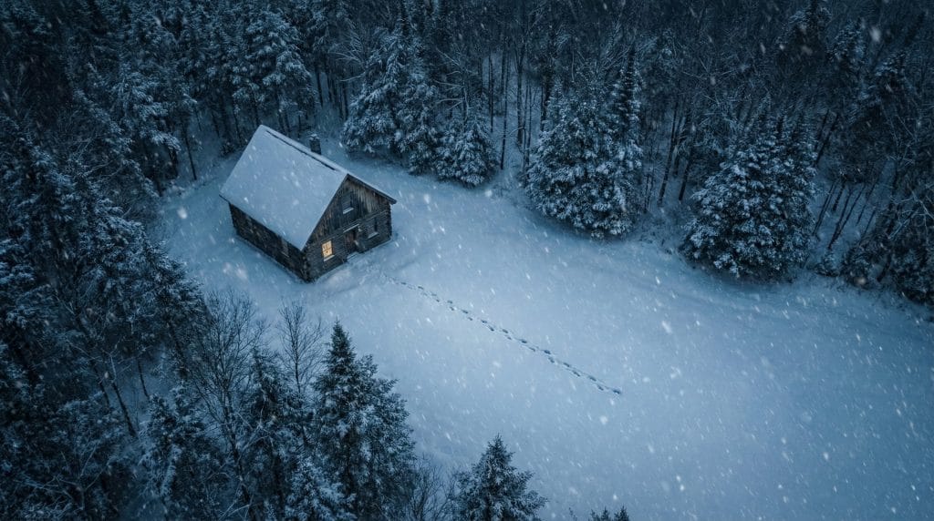 Karlı bir ormanda izole edilmiş ahşap eve doğru giden ancak aniden kesilen gizemli ayak izleri, polisiye roman atmosferi.
