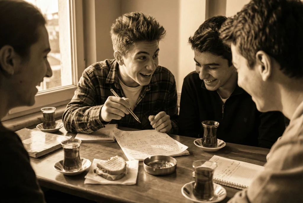 90'lı yıllarda bir kafede ince belli çay bardakları eşliğinde aklından bir sayı tut oyununu oynayan liseli gençler, nostaljik masa detayları.