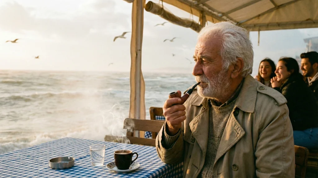 Tekirdağ Kumbağ sahilindeki bir çay bahçesinde, rüzgarlı havada denizi izleyen beyaz sakallı, pipo içen karizmatik yaşlı adam.