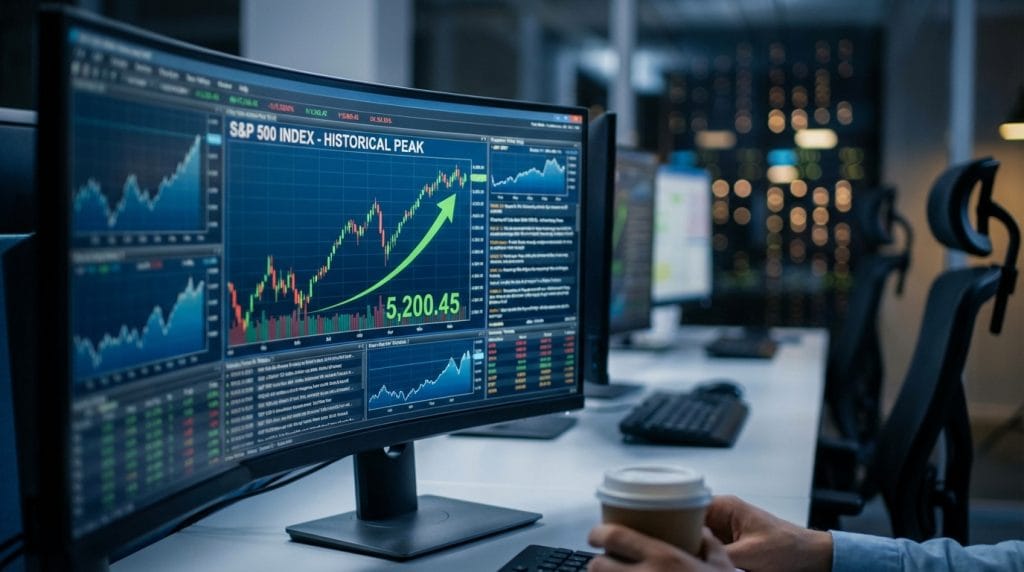 ABD borsalarında S&P 500 endeksinin tarihi zirve yaptıktan sonraki hareketini gösteren işlem ekranı ve finansal veriler.