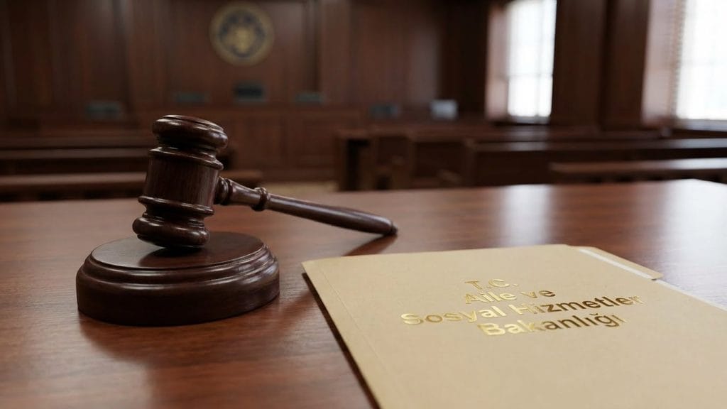 Aile ve Sosyal Hizmetler Bakanlığı'nın şiddet davalarına müdahil olarak hukuki süreci takip etmesini simgeleyen adalet görseli.