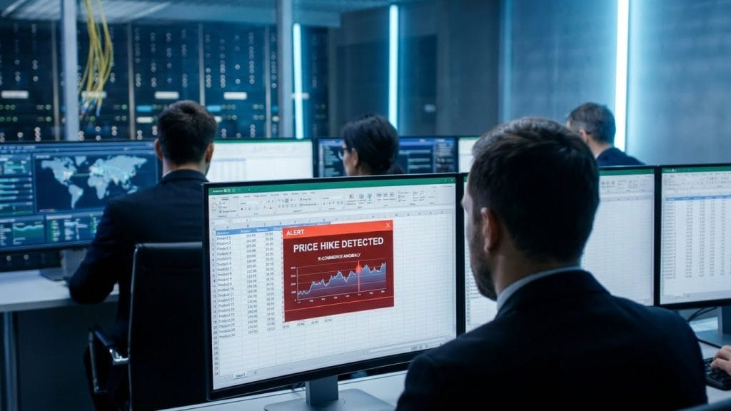 Ticaret Bakanlığı ekiplerinin e-ticaret pazaryerlerindeki anlık fiyat değişimlerini takip ettiği dijital veri analiz merkezi temsili görseli.
