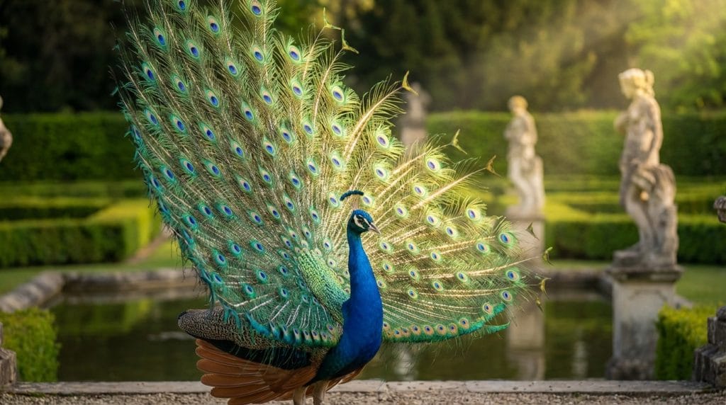 Tavus kuşunun kuyruğunu açarak "ben buradayım" dediği, gösterişi, sahne ışıklarını ve kibri simgeleyen o dinamik anın görseli.