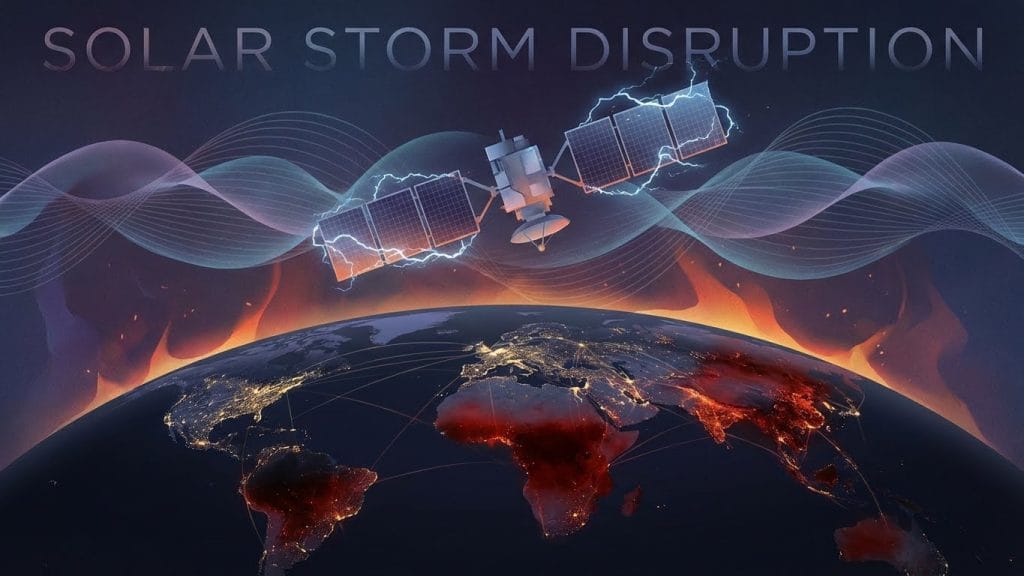 Güçlü güneş aktivitelerinin yörüngedeki navigasyon uyduları ve yeryüzündeki endüstriyel elektrik ağları üzerinde oluşturabileceği kesinti ve arıza riskini gösteren görselleştirme.