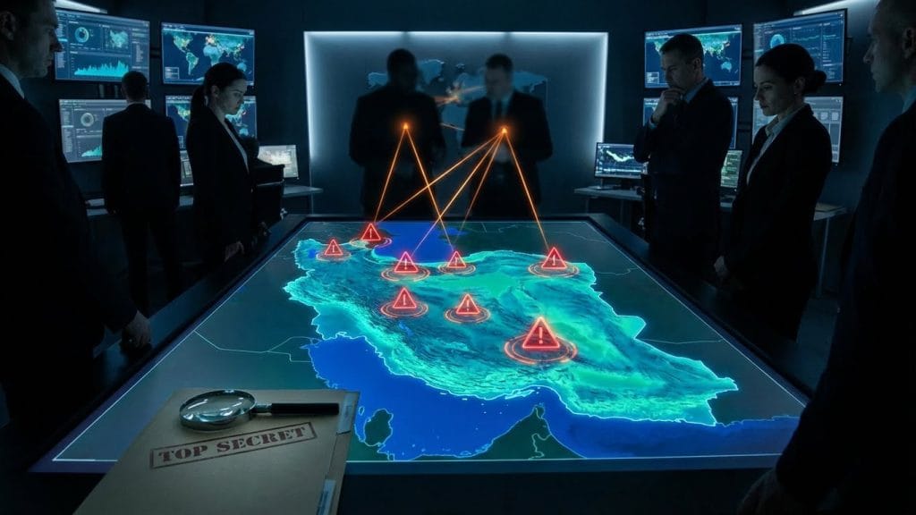 İran haritası üzerinde terör tehditlerini ve dış güçlerin müdahalesini simgeleyen kavramsal istihbarat görseli.