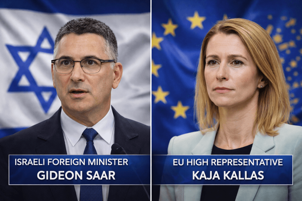 İsrail Dışişleri Bakanı Gideon Saar ve AB Temsilcisi Kaja Kallas arasındaki diplomatik görüşme.