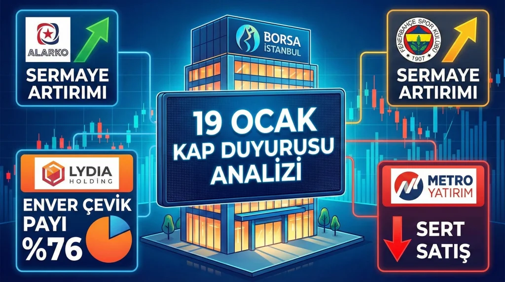 19 Ocak KAP duyurusu ile Alarko, Fenerbahçe, Lydia Holding ve Metro Yatırım hisselerindeki son durum netleşti. Sermaye artırımları ve hisse devirlerinin tam listesi ve detaylı analizi haberimizde.