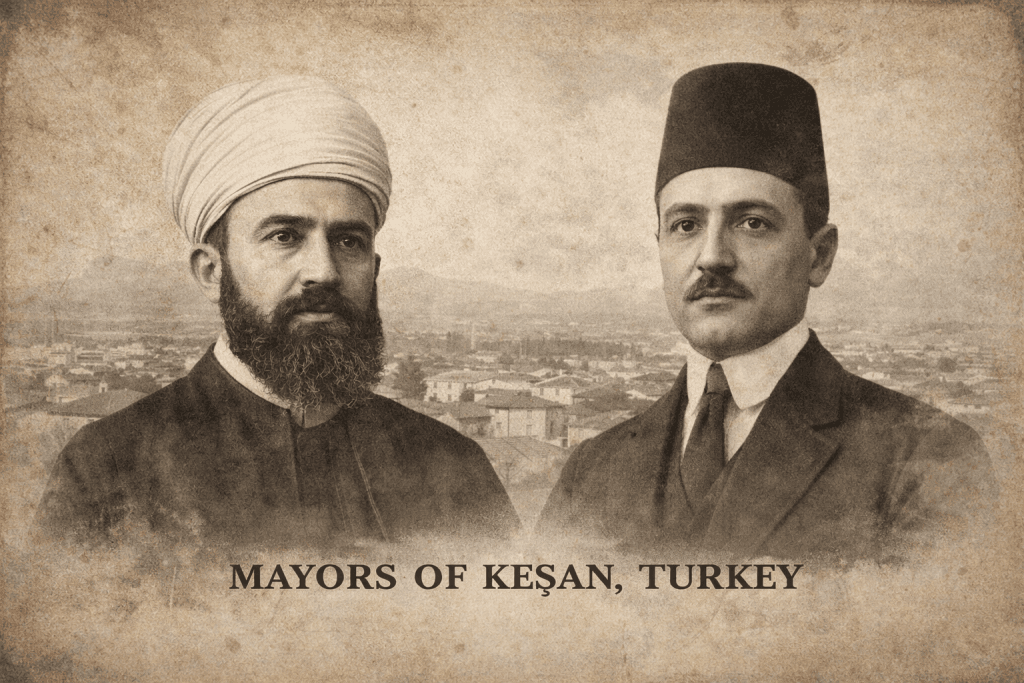 Keşan'ın eski belediye başkanları Müftü Raşit Efendi ve Hüseyin Yazır'ın temsili görseli.