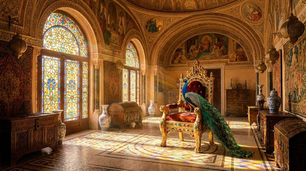 İslami rüya tabirlerindeki "yüksek makam", "Acem Meliki" ve zenginlik yorumuna atıfta bulunan, saray ortamında bir tavus kuşu görseli.