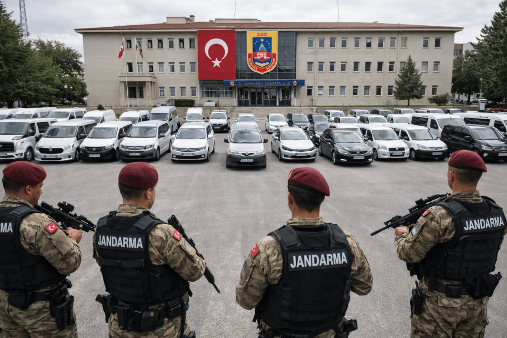 Jandarma komutanlığı bahçesinde sergilenen, göçmen kaçakçılığında kullanılmış ve el konulan beyaz panelvan araçlar.