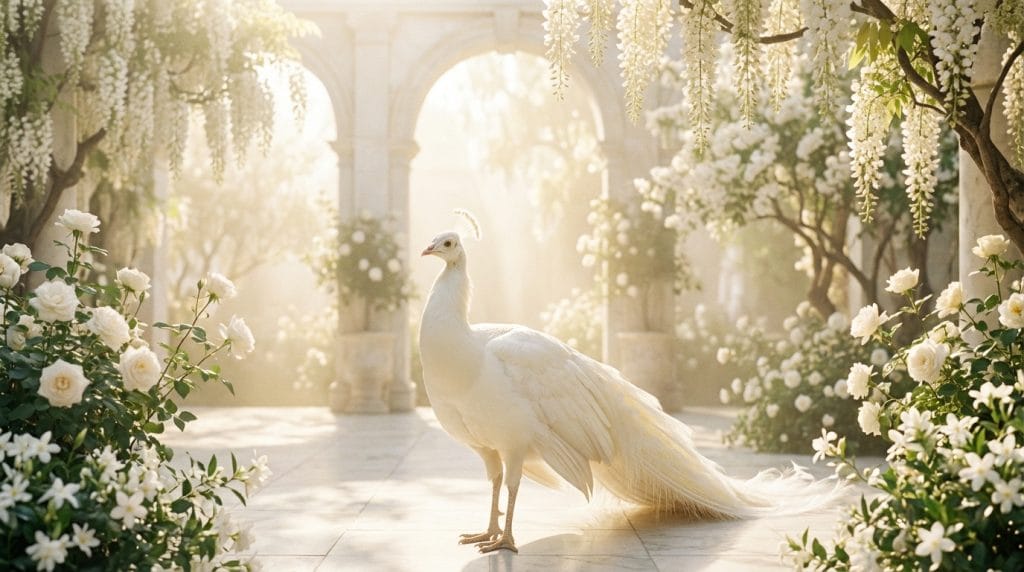 Rüyada beyaz tavus kuşu görmenin temsil ettiği saf başarı, temiz kazanç, manevi arınma ve hayırlı eş temalı aydınlık ve huzurlu görsel.