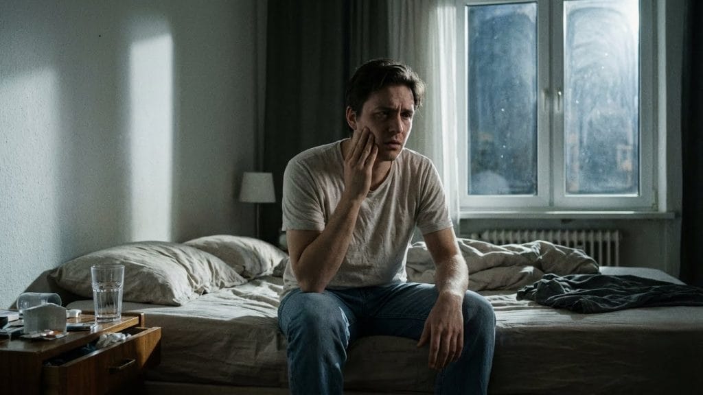 Gece yatağının kenarında oturup endişeyle çenesini tutan kişi; diş rüyalarını tetikleyen gerçek hayattaki stresi ve uykusuzluğu yansıtan atmosferik görsel.