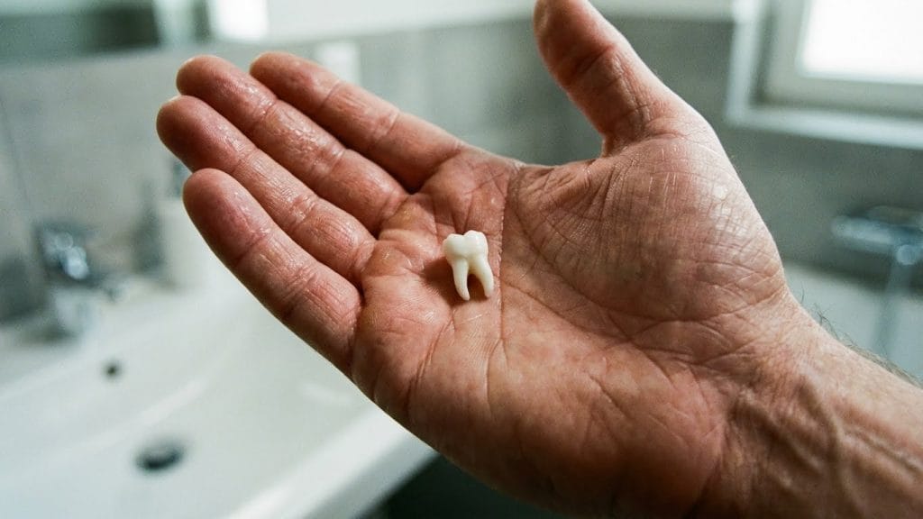 Rüyada avuç içine düşen tek bir azı dişine bakan titreyen bir elin yakın plan fotoğrafı; rüya sırasındaki kaygı ve şok anını yansıtır.