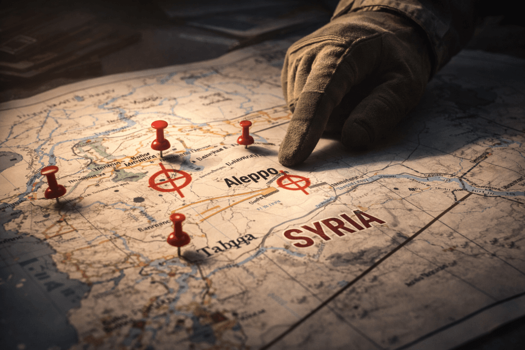 Suriye Ordusu Harekat Komutanlığı'nın Halep ve doğu kırsalındaki tehditleri değerlendirdiği askeri harita ve planlama masası.