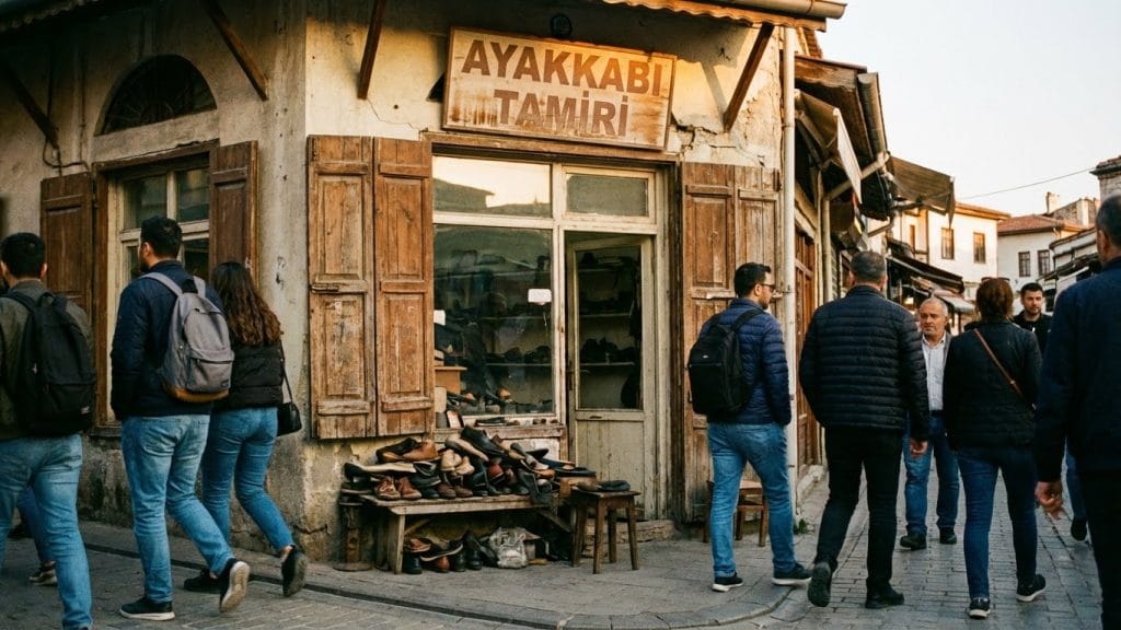 Tekirdağ Süleymanpaşa'da nostaljik bir atmosfer sunan eski bir ayakkabı tamir dükkanının dış görünüşü.