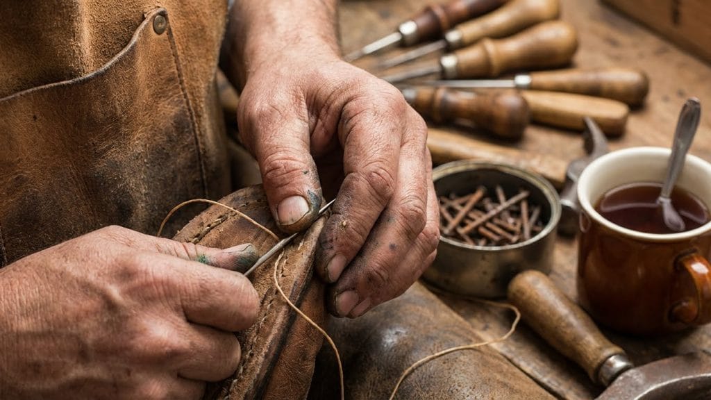 Yılların emeğiyle nasırlaşmış bir ayakkabı ustasının elleri ve tamir ettiği deri ayakkabı detayı.