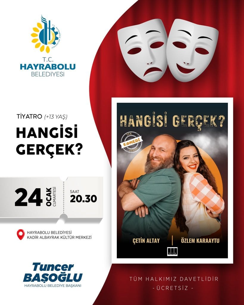 Hayrabolu Belediyesi, yarıyıl tatilinde tiyatro şöleni düzenliyor. 24 Ocak'ta sahnelenecek çocuk ve yetişkin oyunlarının saatleri ve detayları haberimizde.