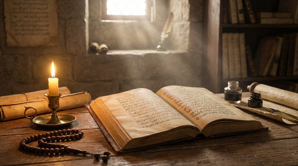 İslami rüya tabirleri kaynaklarını, İbn-i Sirin ve Nablusi gibi alimleri temsil eden kitap ve tesbih görseli.