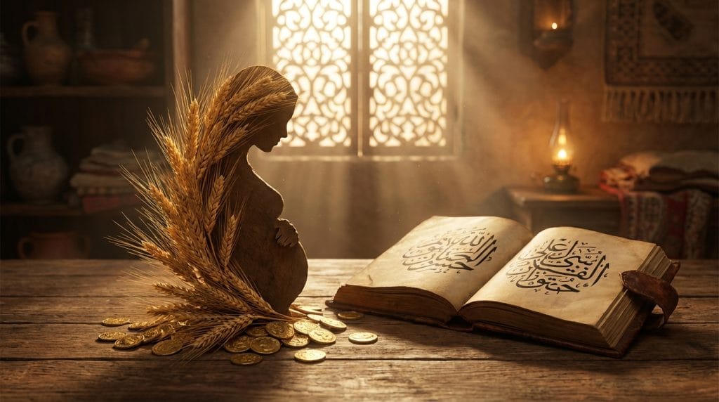 Rüyada hamilelik ve bereket simgesi olarak altın başaklar ve eski kitaplar.