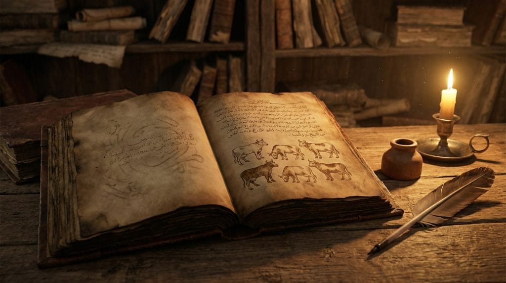 İslami rüya tabirleri kitabı; eski parşömen kağıt üzerinde inek çizimi ve Arapça kaligrafi detayları ile tarihi atmosfer.