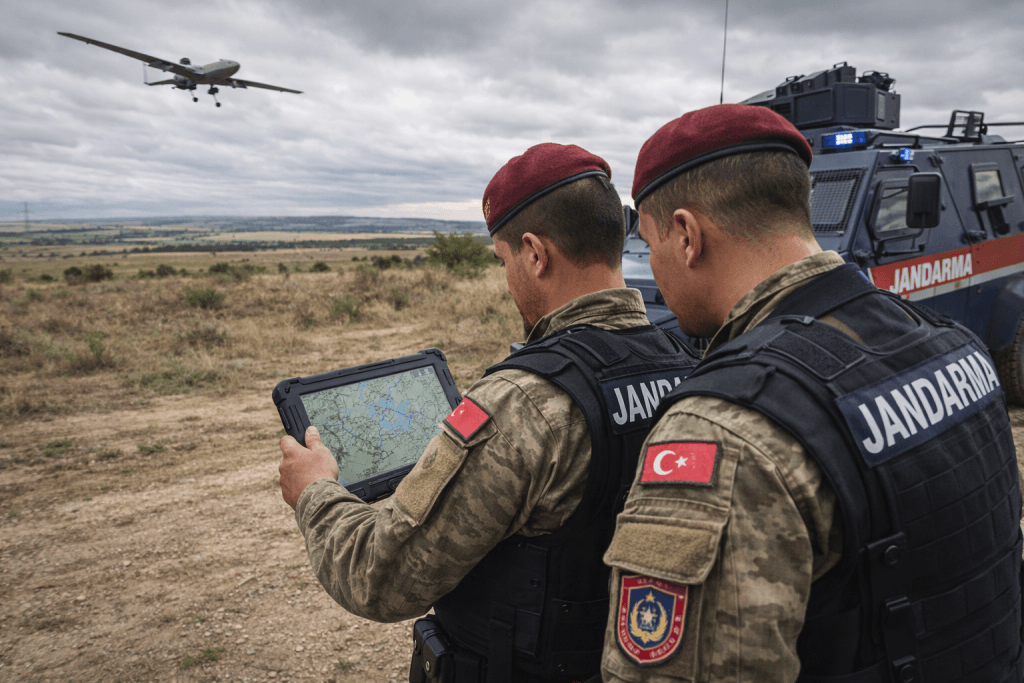 Kırsal arazide göçmen kaçakçılığı operasyonu yürüten Jandarma ekipleri ve havadan destek veren JİHA.