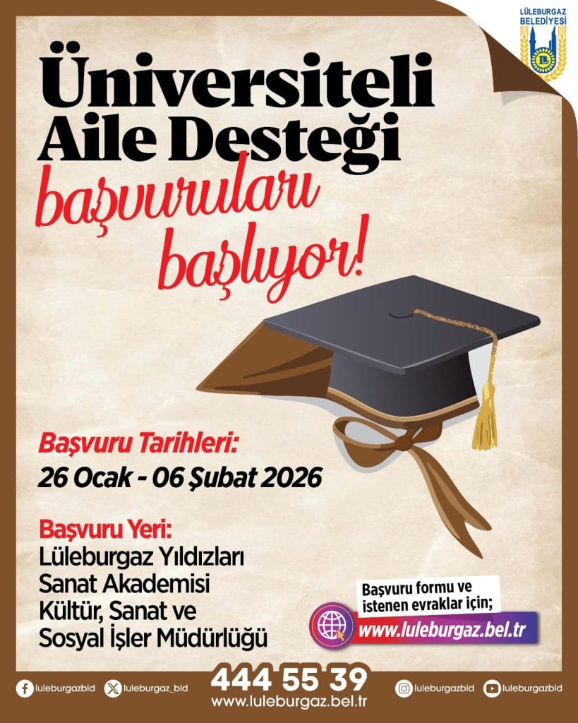 Lüleburgaz Belediyesi Üniversiteli Aile Desteği başvuruları 26 Ocak - 06 Şubat 2026 tarihleri arasında alınıyor. Üniversite öğrencisi olan ailelere Bahar Dönemi desteği detayları ve başvuru ekranı Trakyalife'ta.