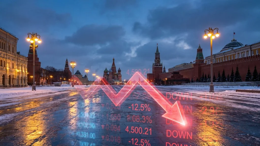 Moskova Kremlin sarayı ve Rusya ekonomisindeki düşüşü gösteren kırmızı borsa okları