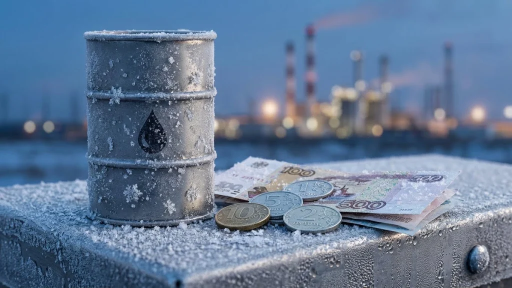 Buzlanmış petrol varili üzerinde Rus Rublesi madeni paraları ve dolar kuru