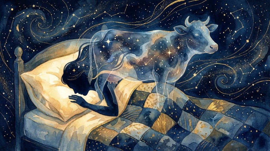 Rüyada görülen sembollerin psikolojik yansıması; uyuyan bir insan ve zihninde canlanan spiritüel inek silüeti.