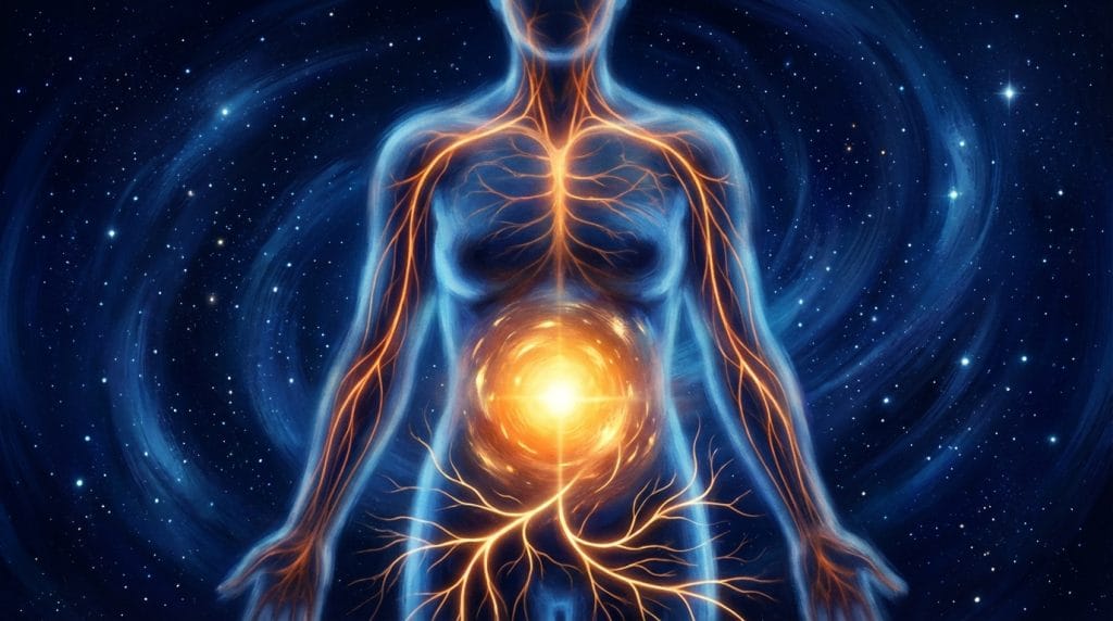 İnsanın içinde büyüyen potansiyeli ve yeniliği temsil eden ışıklı ruhsal görsel.