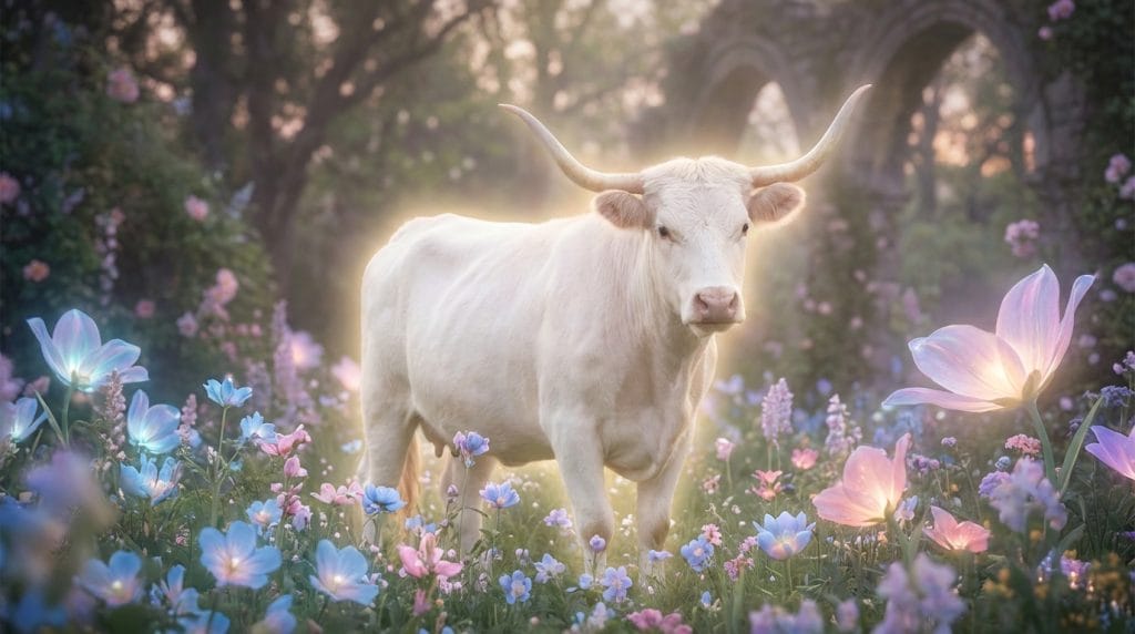 Rüyada beyaz inek görmek; saflığı, temiz başlangıçları ve hayırlı kısmeti simgeleyen, hafif parıltılı beyaz bir inek.