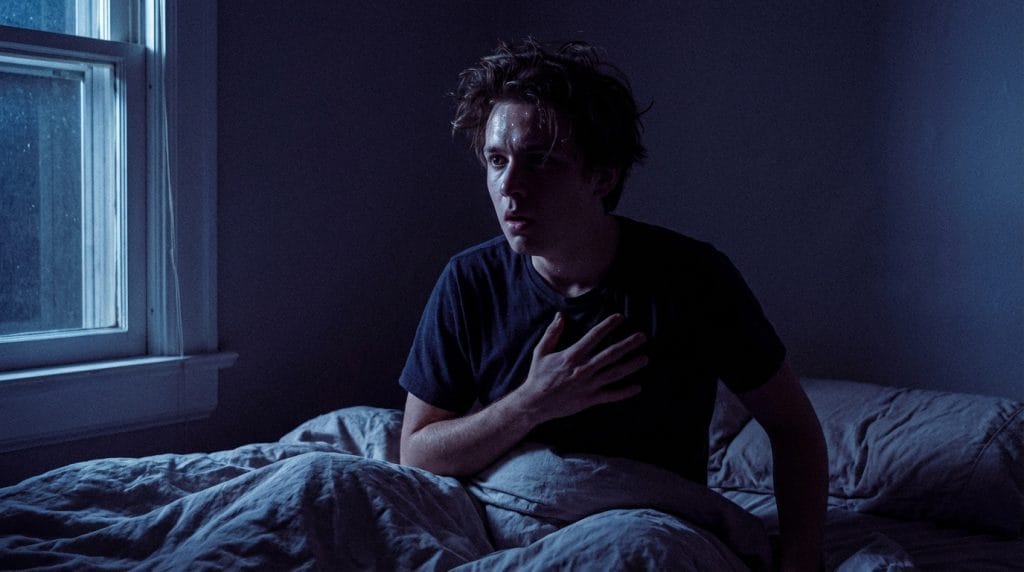 Gece yatağında korkuyla ve irkilerek uyanan kişi, psikolojik rüya analizi.