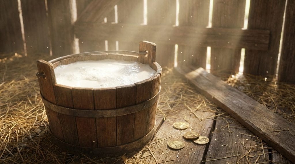 Rüyada inek sağmak ve dolu süt kovası; helal kazancı, emeğin karşılığını ve zenginliği temsil eden detaylı görünüm.