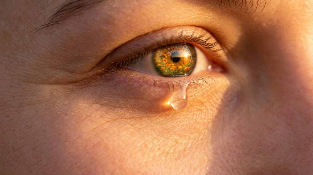 Rüyada sevinçten ağlamayı ve alınacak müjdeli haberi temsil eden, içinde manzara yansıması olan gözyaşı görseli.