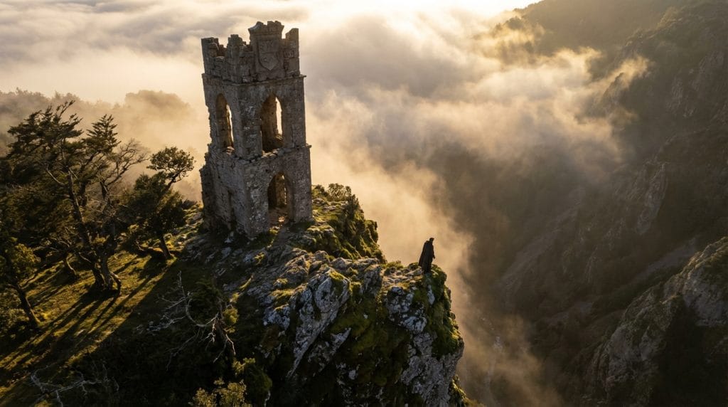 Sarp bir kayalığın kenarında duran adam ve aşağıda görünen manzara, İslami rüya sembolü.