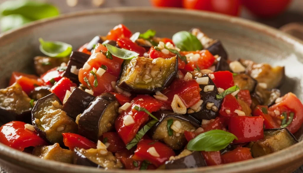 Közlenmiş patlıcan, biber ve domatesin zeytinyağı ile parlayan detaylı dokusu.