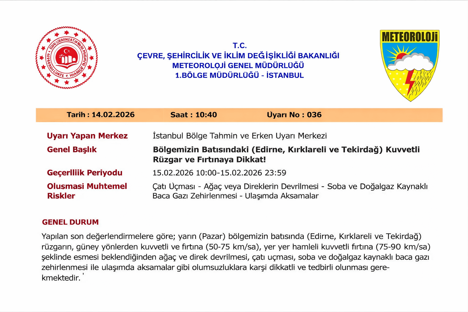 Edirne İçin Fırtına Alarmı