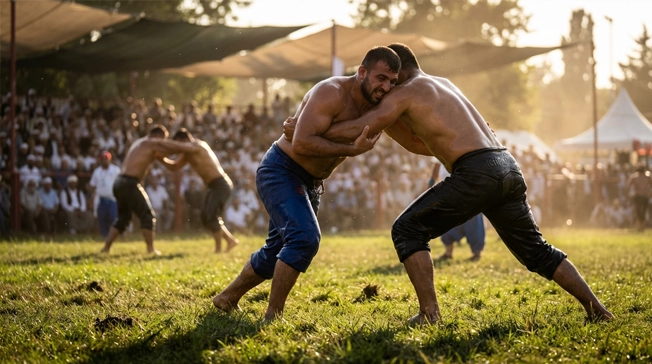 Edirne Sarayiçi’nde Kırkpınar yağlı güreş heyecanı… Er meydanında asırlık gelenek, pehlivan mücadelesi ve kültürel miras bir arada.