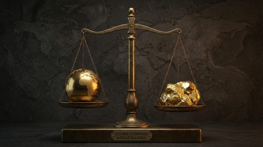Küresel jeopolitik riskler ile altın fiyatları arasındaki hassas dengeyi gösteren sembolik bir terazi görseli. Savaş ve ekonomik krizlerin altın fiyatları analizi üzerindeki doğrudan etkisini vurgulayan kreatif çalışma.