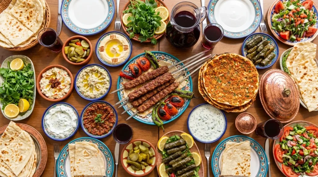 Adana kebabı ve geleneksel mezelerle donatılmış zengin sofra.