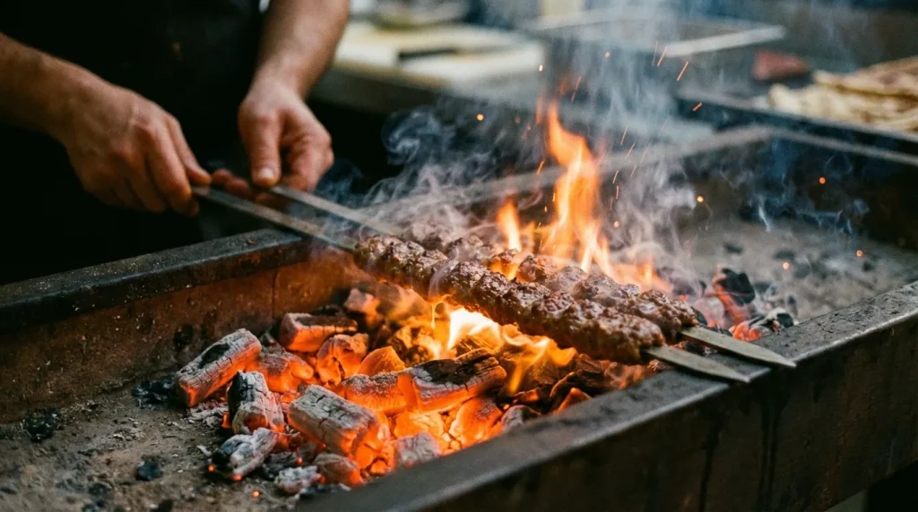 Meşe kömürü ateşinde pişen Adana kebap şişleri.