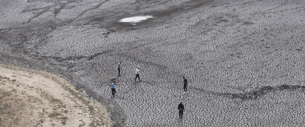 Şerbettar Köyü'nde yaz aylarında yaşanan kuraklık nedeniyle baraj zemininde oluşan çatlaklar ve suyun çekildiği alanlar.