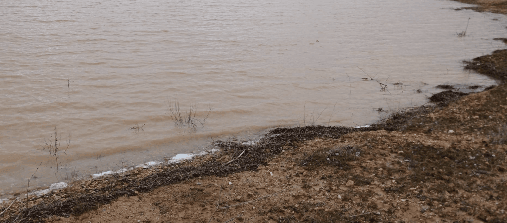 Şerbettar Köyü'nde kuraklık sonrası barajın tamamen dolması ve bereketli yağışlarla tarlaların suya doyduğu genel manzara.