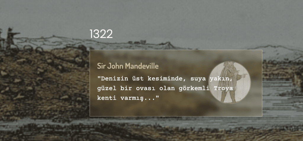 1322 yılında Troya'yı ziyaret eden Sir John Mandeville'in "denizin üst kesiminde görkemli bir kent" betimlemesini içeren tarihsel kronoloji görseli.