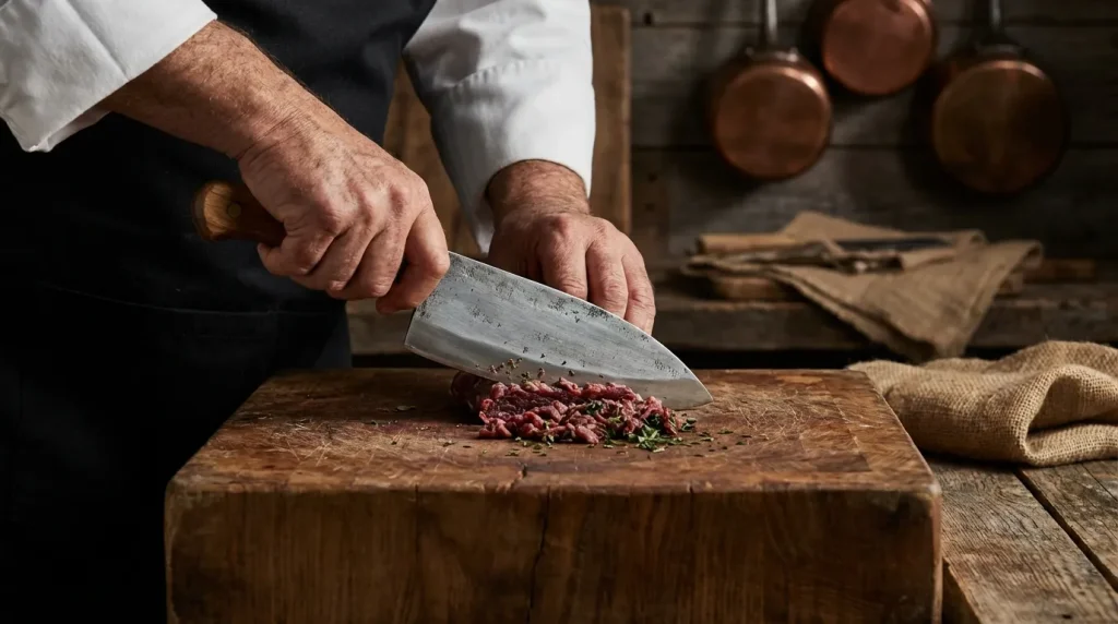 Geleneksel zırh bıçağı ile kuzu eti kıyma işlemi.