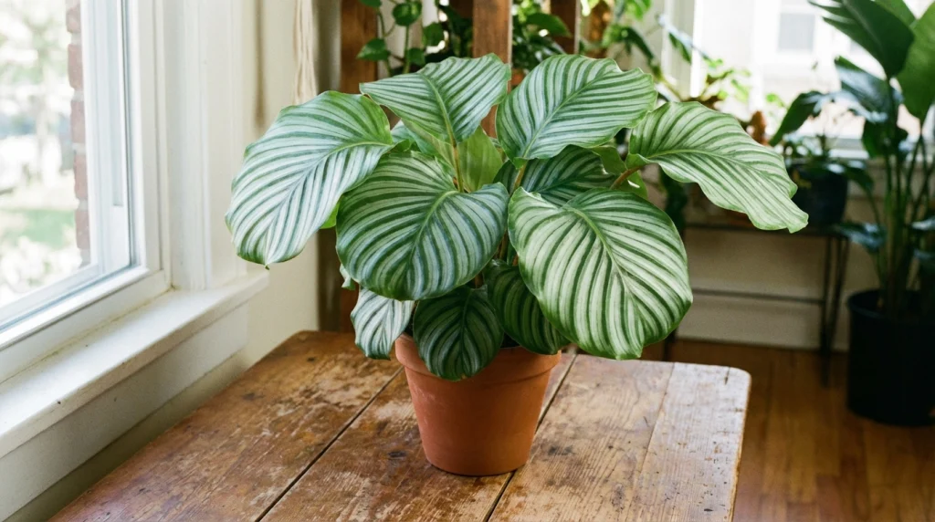 Calathea Orbifolia Remi, geniş çizgili yapraklarıyla yaşam alanlarınıza doğal şıklık katar. Bakımı kolay bu tropikal bitkiyi hemen keşfedin.