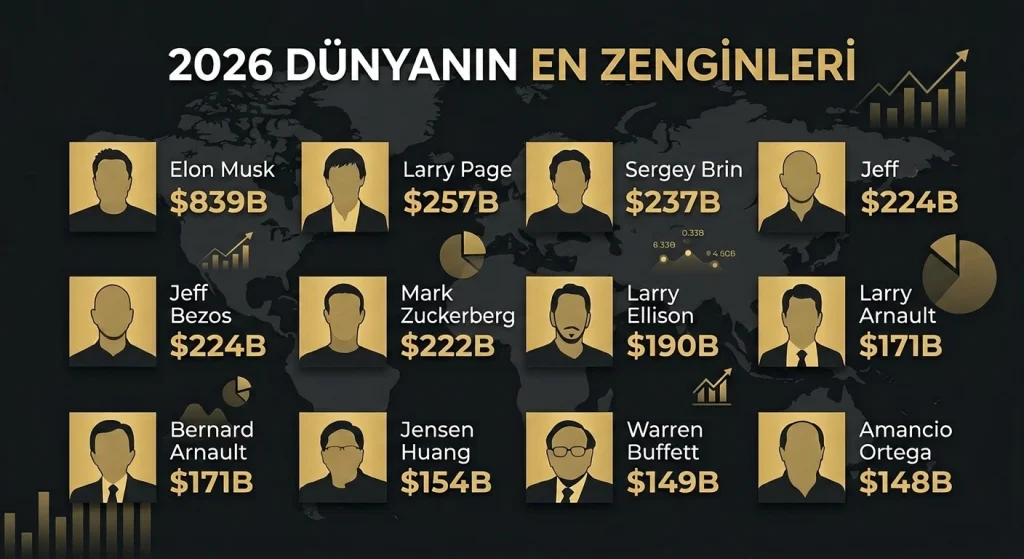 2026 yılının en zengin 10 ismi belli oldu! Elon Musk, Jeff Bezos ve Mark Zuckerberg kaç milyar dolara hükmediyor? Teknoloji ve moda dünyasının devlerini inceledik.